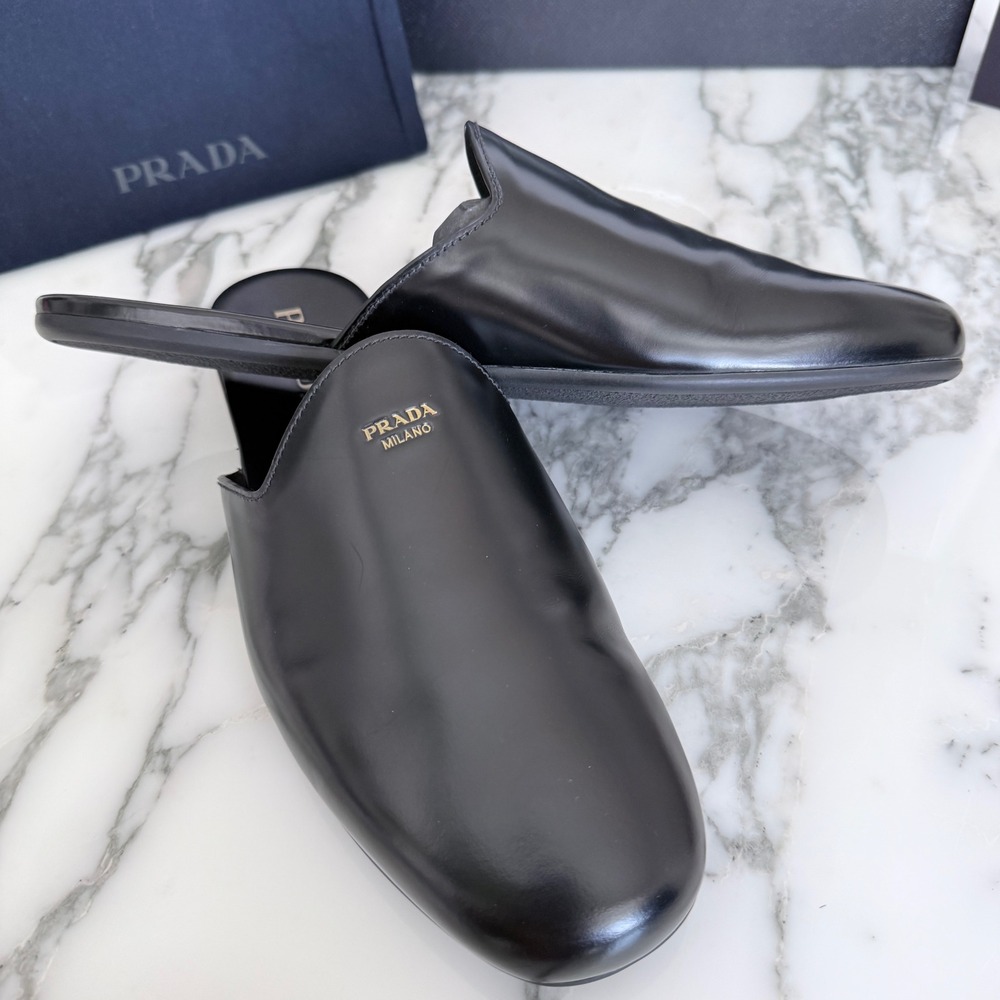 Prada Milano Black Leather Mule Slides Gold Logo Slip On Flat Shoes Mens UK7 - Picture 11 of 13